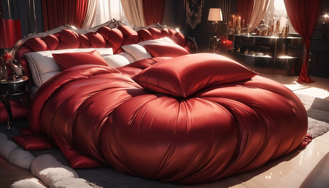A fluffy red silk feather duvet, many huge silk body pillows, a luxurious and fluffy red silk bed, red silk sheets, 8k, best quality, high detailed, photorealistic, dramatic lighting, warm tones, luxurious, soft, plush, velvet, satin, velvety textures, elegant, sophisticated, premium, lavish, opulent, sumptuous, indulgent, exquisite, refined, lush,