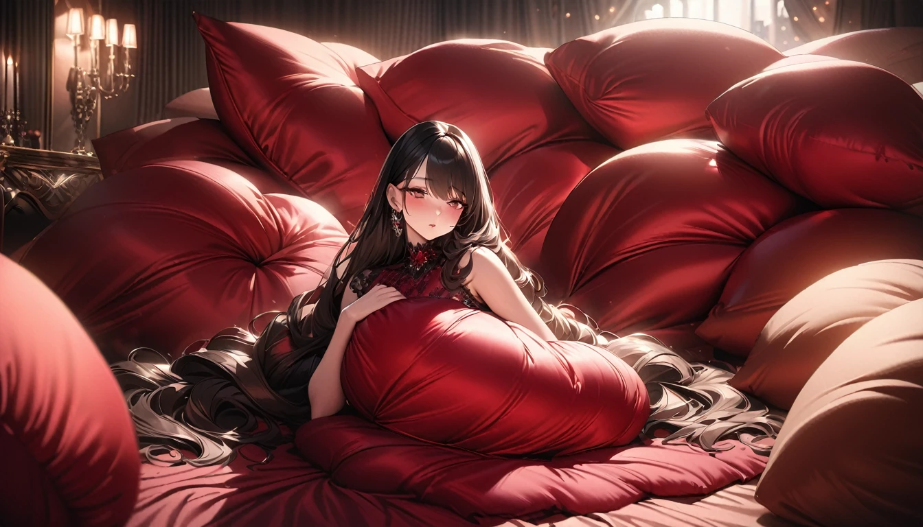 A fluffy red silk feather duvet, many huge silk body pillows, a luxurious and fluffy red silk bed, red silk sheets, 8k, best quality, high detailed, photorealistic, dramatic lighting, warm tones, luxurious, soft, plush, velvet, satin, velvety textures, elegant, sophisticated, premium, lavish, opulent, sumptuous, indulgent, exquisite, refined, lush, 