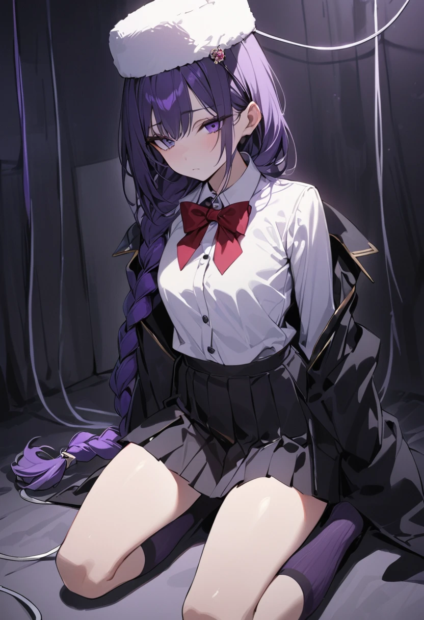 masterpiece, best quality, young woman, dark purple hair, very long single braid, bright purple eyes, white collared shirt, furisode sleeves, thin red bow tie with a diamond-shaped pin on the front of the bow under the collar, black high-waisted pleated skirt, dark purple high socks, white ear flap ushanka hat, long black cloak with three light brown buttons and a light brown fur collar, black ankle boots, emotionless, calm, expressionless, dark room with a little bit of blue and purple light, wires hang haphazardly, dark room