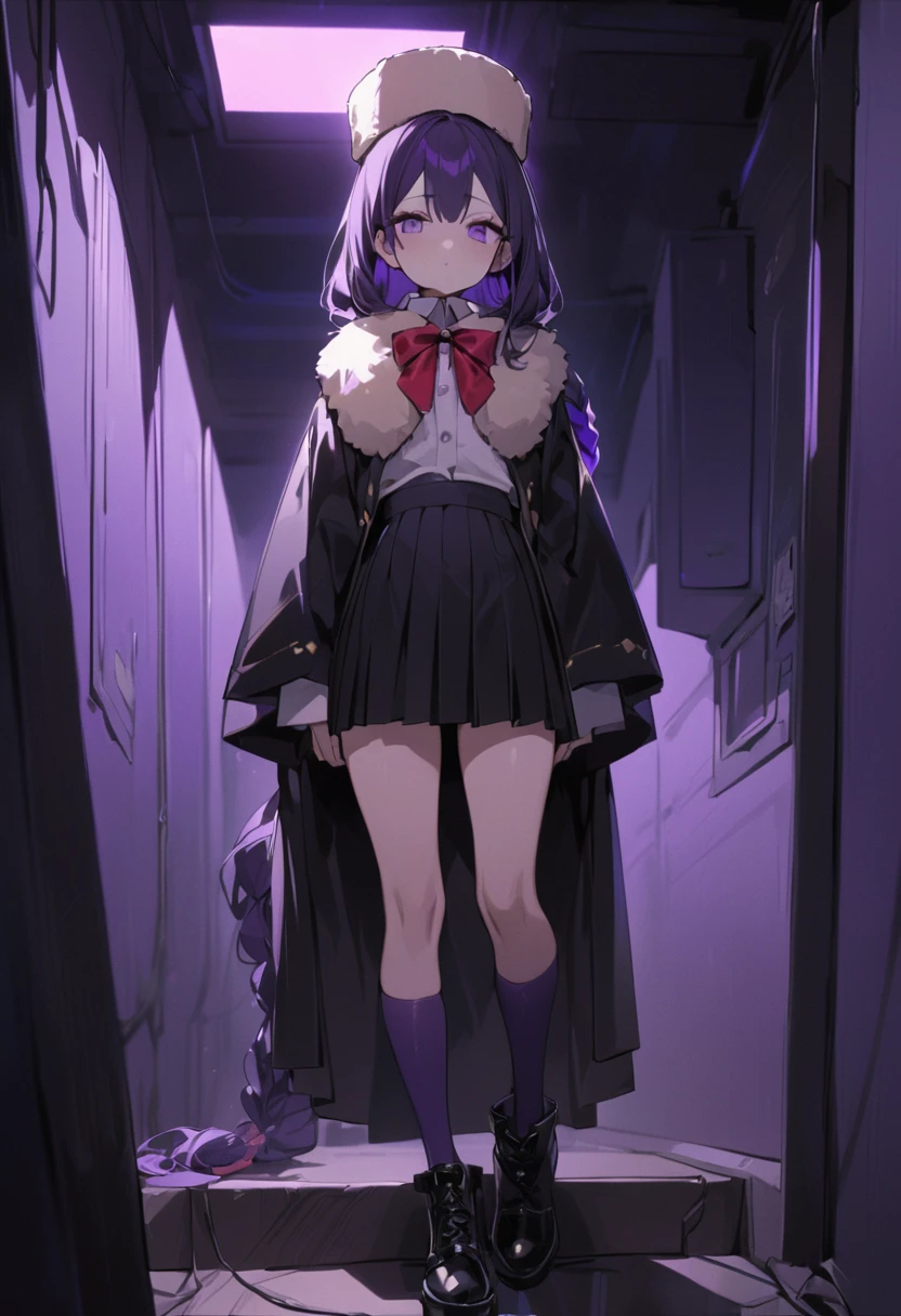 masterpiece, best quality, young woman, dark purple hair, very long single braid, bright purple eyes, white collared shirt, furisode sleeves, thin red bow tie with a diamond-shaped pin on the front of the bow under the collar, black high-waisted pleated skirt, dark purple high socks, white ear flap ushanka hat, long black cloak with three light brown buttons and a light brown fur collar, black ankle boots, emotionless, calm, expressionless, dark room with a little bit of blue and purple light, wires hang haphazardly, dark room