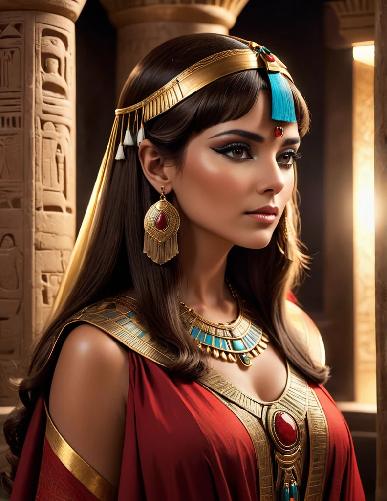 Cleopatra in her craft and her long light brown hair , 35 years of experience. His keen focus and intense gaze forward seem to pierce through the darkness of ancient Egypt, Revealing Hidden Truths and Mysteries. The intricate details of their traditional robes red and Brown are reproduced in stunning detail, while cinematic lighting adds a touch of drama to the scene. Esta imagem sobrenatural, Captured in 8K resolution, will leave you in awe of its beauty and depth elle a un maternelle