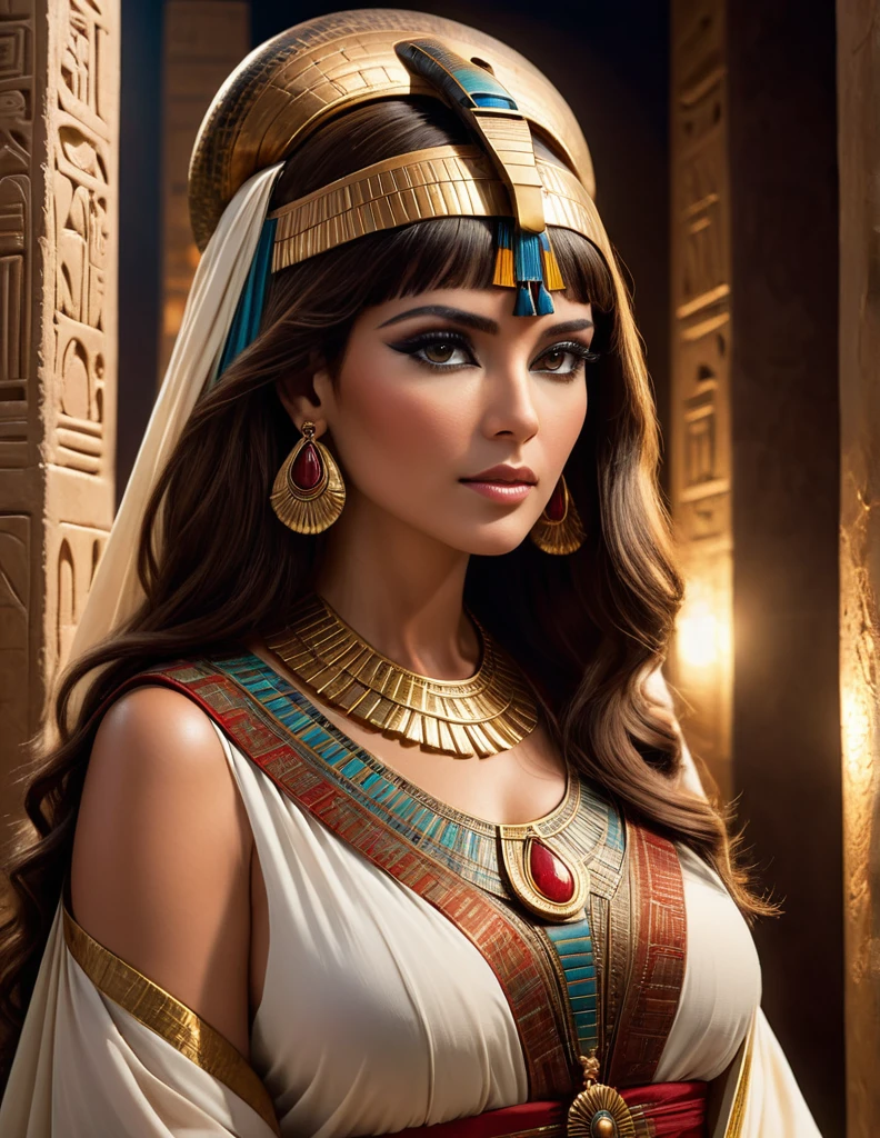 Cleopatra in her craft and her long light brown hair , 35 years of experience. His keen focus and intense gaze forward seem to pierce through the darkness of ancient Egypt, Revealing Hidden Truths and Mysteries. The intricate details of their traditional robes red and Brown are reproduced in stunning detail, while cinematic lighting adds a touch of drama to the scene. Esta imagem sobrenatural, Captured in 8K resolution, will leave you in awe of its beauty and depth elle a un maternelle 