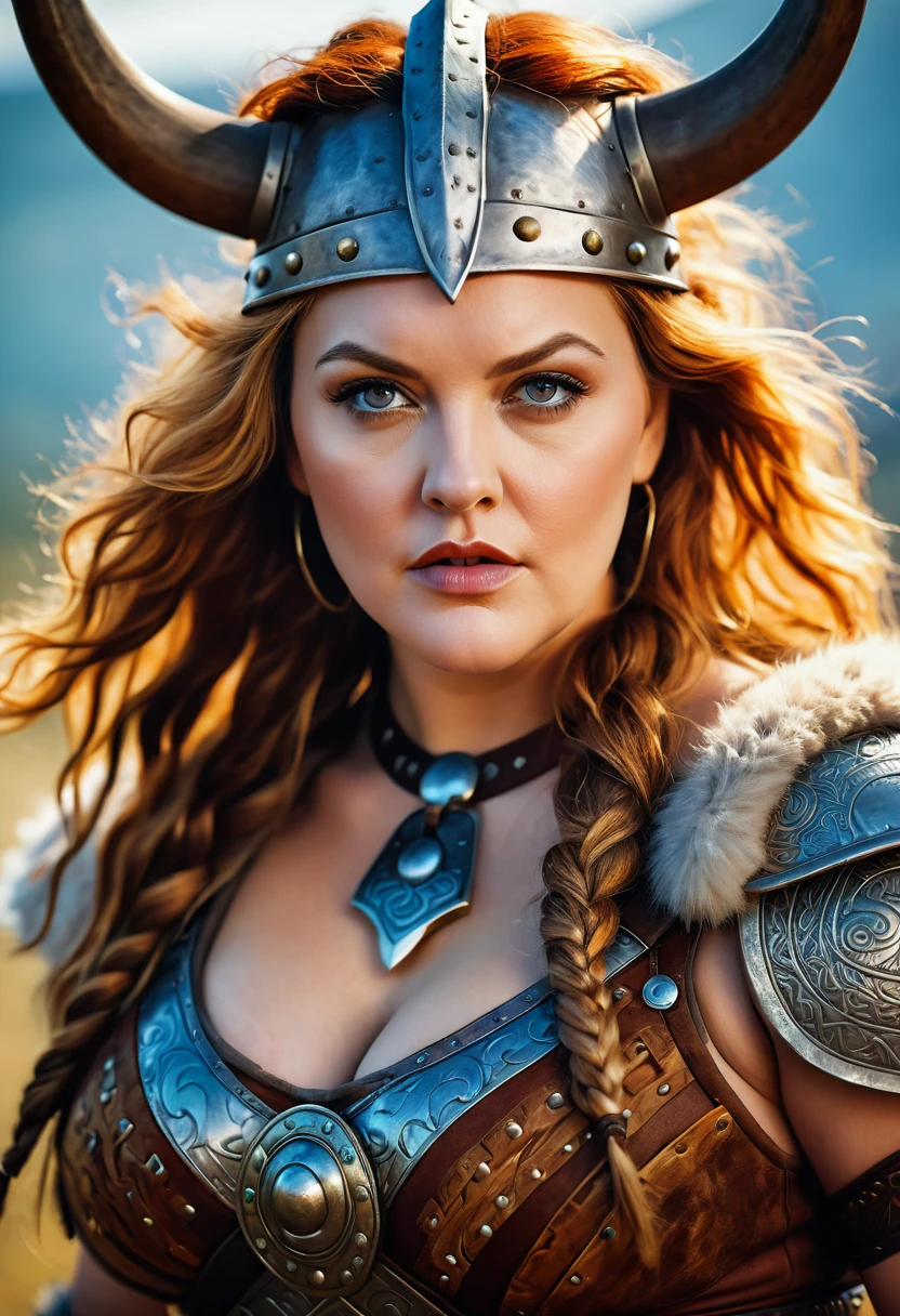 Looks like Drew Barrymore, A stunning intricate full color portrait of (sks woman:1) as (viking warrior), (barbarian), extremely seductive woman, busty outfit, perfect plus size Beauty, Barbarian warrior queen, fluffy streax hair, styled hair, epic character composition, by ilya kuvshinov, alessio albi, nina masic, sharp focus, natural lighting, subsurface scattering, f2, 35mm, film grain,