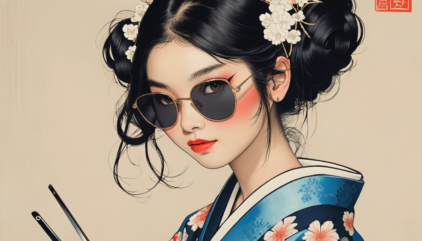 Ink Painting, (((1 girl))), (((Tattoo on face))), (((sunglasses))), (((Gorgeous kimono))), Japanese style headphones, Japanese sword, beautiful girl, Black Hair, Delicate and precise, Modern ukiyo-e style, Maid