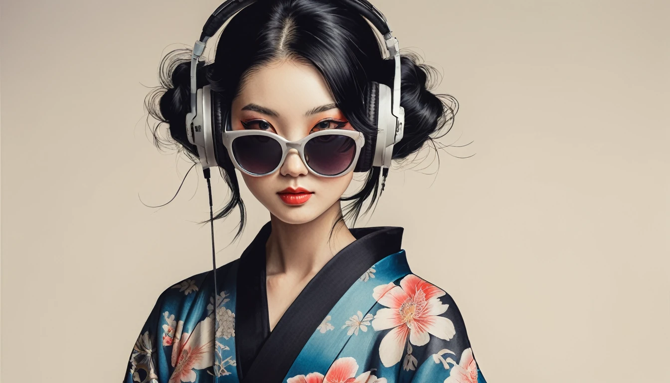 Ink Painting, (((1 girl))), (((Tattoo on face))), (((sunglasses))), (((Gorgeous kimono))), Japanese style headphones, Japanese sword, beautiful girl, Black Hair, Delicate and precise, Modern ukiyo-e style, Maid