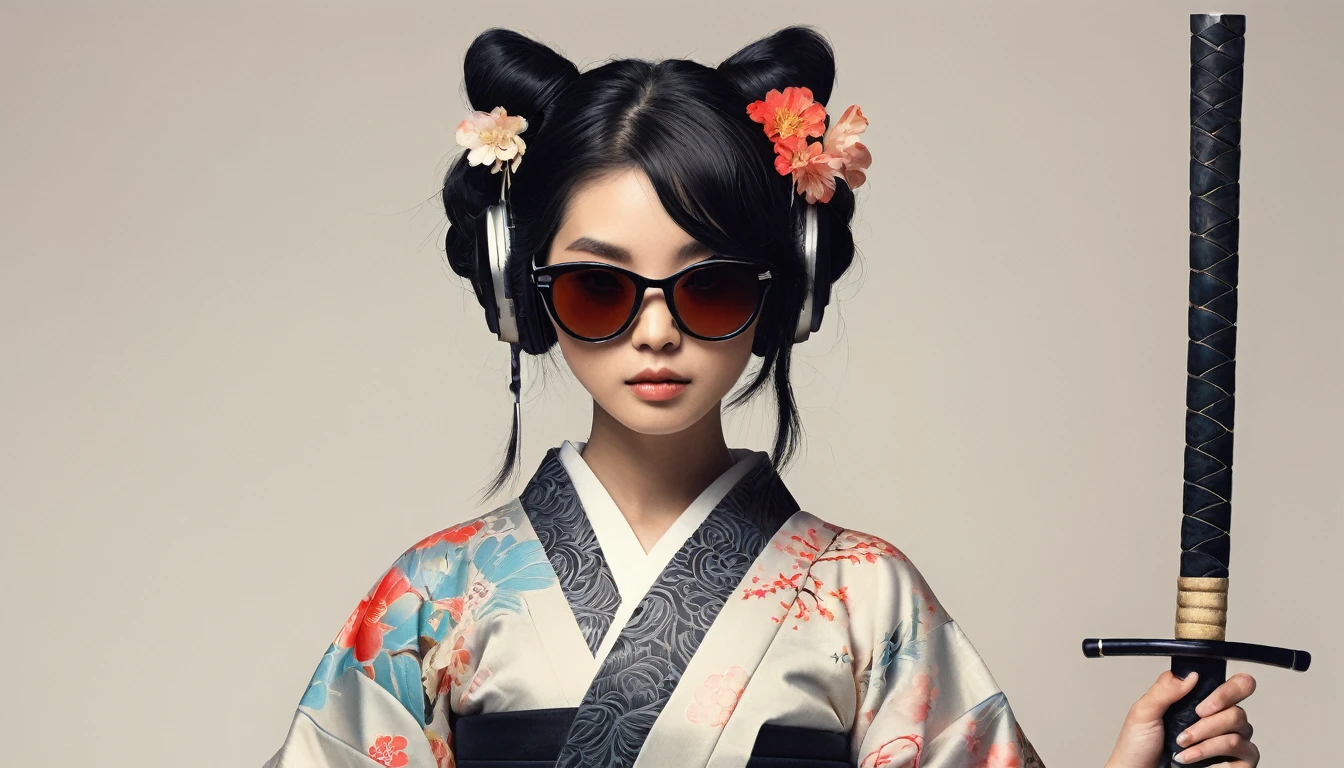 Ink Painting, (((1 girl))), (((Tattoo on face))), (((sunglasses))), (((Gorgeous kimono))), Japanese style headphones, Japanese sword, beautiful girl, Black Hair, Delicate and precise, Modern ukiyo-e style, Maid