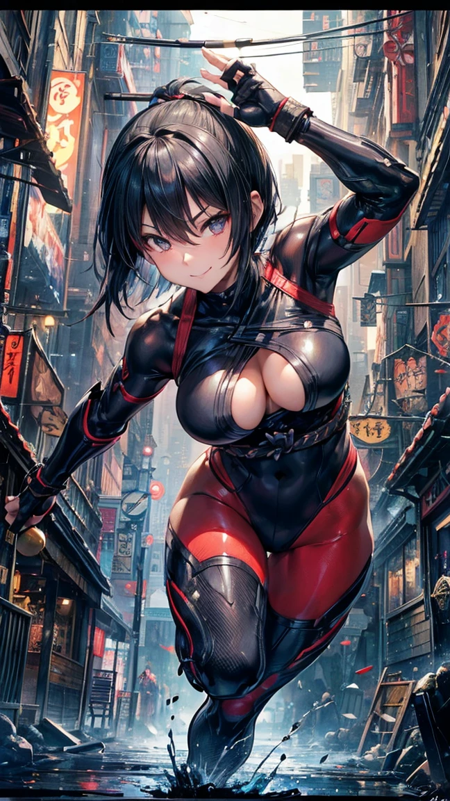 (1 mature female ninja,Age 35), ((Pub,guild)),(smile),Dynamic pose,Dynamic Angle,Pose for a photo,From below,Elderly woman、Trading Card Game Frames、Highest Rare、Five Fingers、Signature mark、Big Butt、Black Hair、Fighting Pose、Ninja costume、Full Body Suit、kunai、Japanese style cyberpunk、A ninja running through a modern city、Short Hair、Fox Mask
