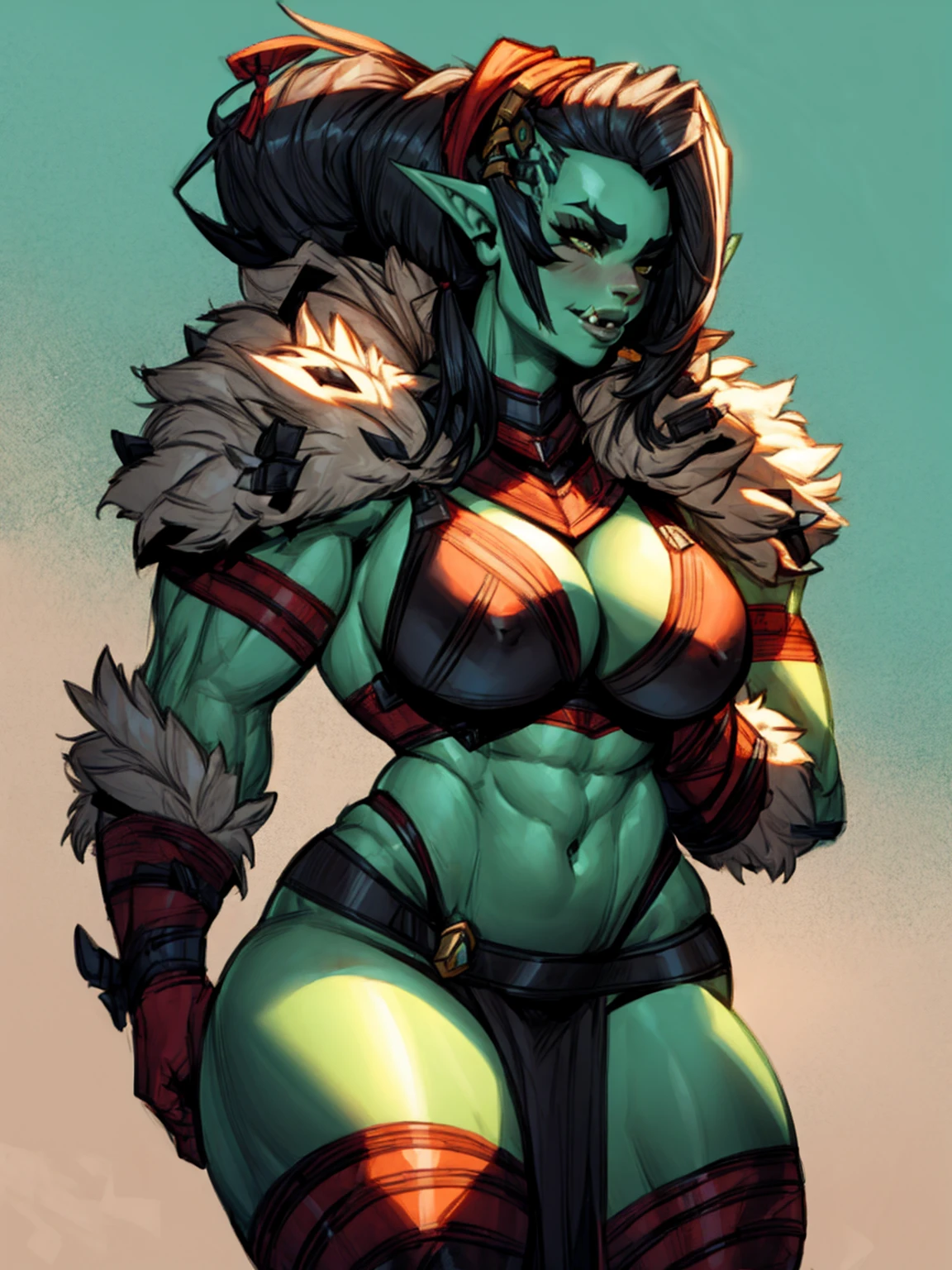 sexy female orc, alone, solo, (ALONE)(SOLO) wearing fur armor, busty, curvy, muscular, bodybuilder,
