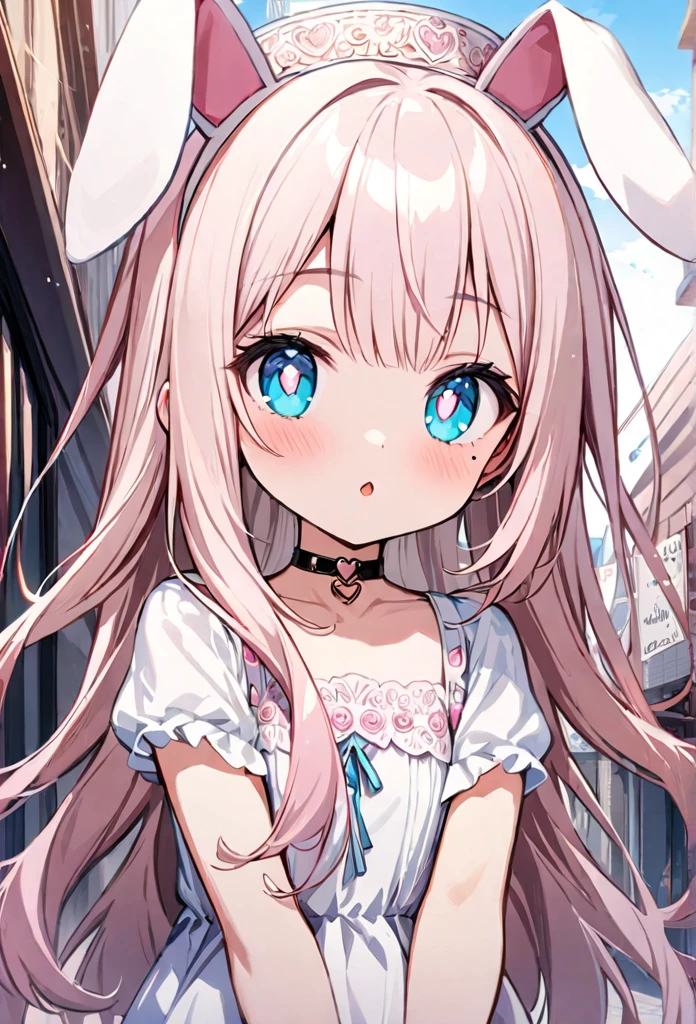 chibi {Girl with shoulder-length pink straight hair named Rico}, ``Little hat with bunny ears'', (It feels like saying Hello, daytime hours), {going out style}, ((Heart-shaped choker) ), (Downtown), Bright background, Mole under the eye, Heart-shaped choker, ((Masterpiece)), Highly detailed CG Unity 8k wallpaper), Top quality, One girl, Detailed background, beautifully detailed eyes, bright pupils, (very delicate and beautiful)), ((beautiful) eyes (detailed description)