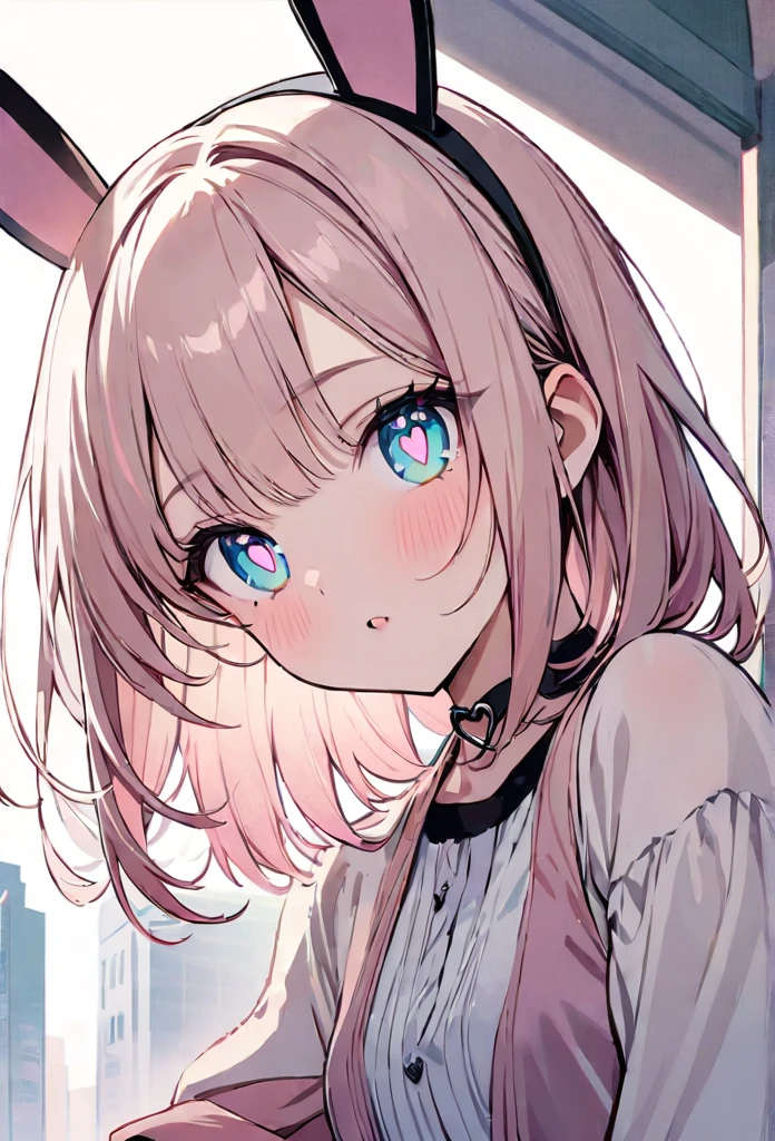 chibi {Girl with shoulder-length pink straight hair named Rico}, ``Little hat with bunny ears'', (It feels like saying Hello, daytime hours), {going out style}, ((Heart-shaped choker) ), (Downtown), Bright background, Mole under the eye, Heart-shaped choker, ((Masterpiece)), Highly detailed CG Unity 8k wallpaper), Top quality, One girl, Detailed background, beautifully detailed eyes, bright pupils, (very delicate and beautiful)), ((beautiful) eyes (detailed description)