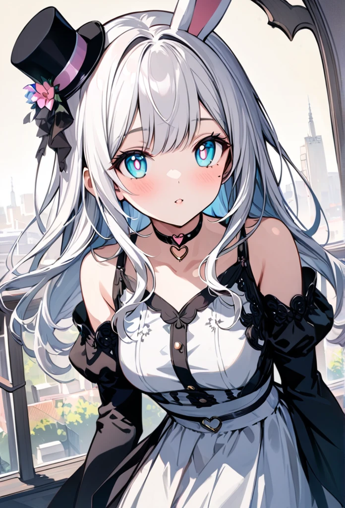chibi {Girl with shoulder-length pink straight hair named Rico}, ``Little hat with bunny ears'', (It feels like saying Hello, daytime hours), {going out style}, ((Heart-shaped choker) ), (Downtown), Bright background, Mole under the eye, Heart-shaped choker, ((Masterpiece)), Highly detailed CG Unity 8k wallpaper), Top quality, One girl, Detailed background, beautifully detailed eyes, bright pupils, (very delicate and beautiful)), ((beautiful) eyes (detailed description)