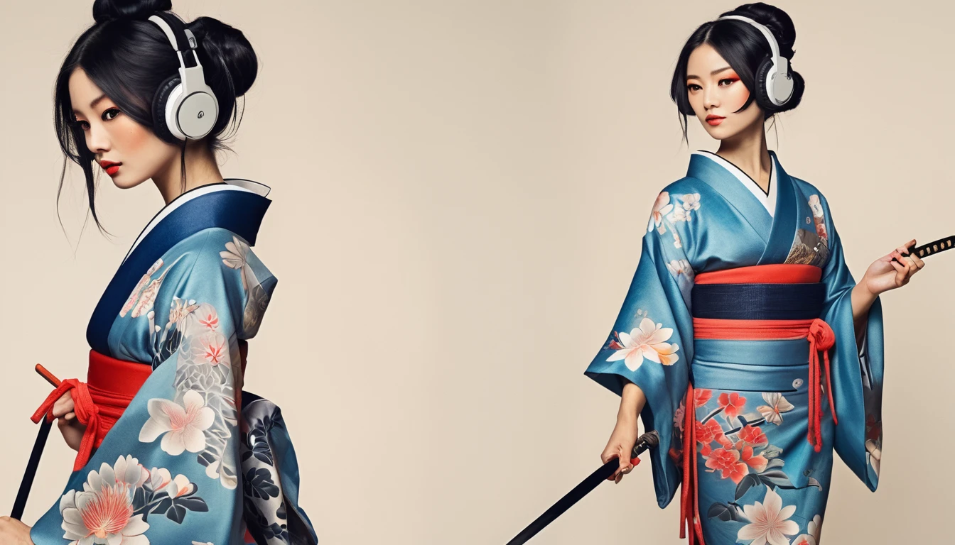 Ink Painting, (((1 girl))), (((Tattoo on face))), (((sunglasses))), (((Gorgeous kimono))), Japanese style headphones, Japanese sword, beautiful girl, Black Hair, Delicate and precise, Modern ukiyo-e style, Maid
