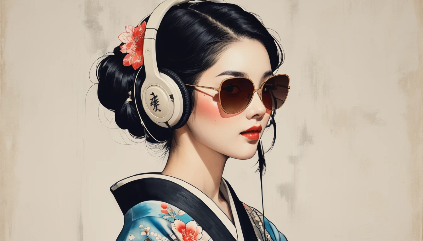 Ink Painting, (((1 girl))), (((Tattoo on face))), (((sunglasses))), (((Gorgeous kimono))), Japanese style headphones, Japanese sword, beautiful girl, Black Hair, Delicate and precise, Modern ukiyo-e style, Maid