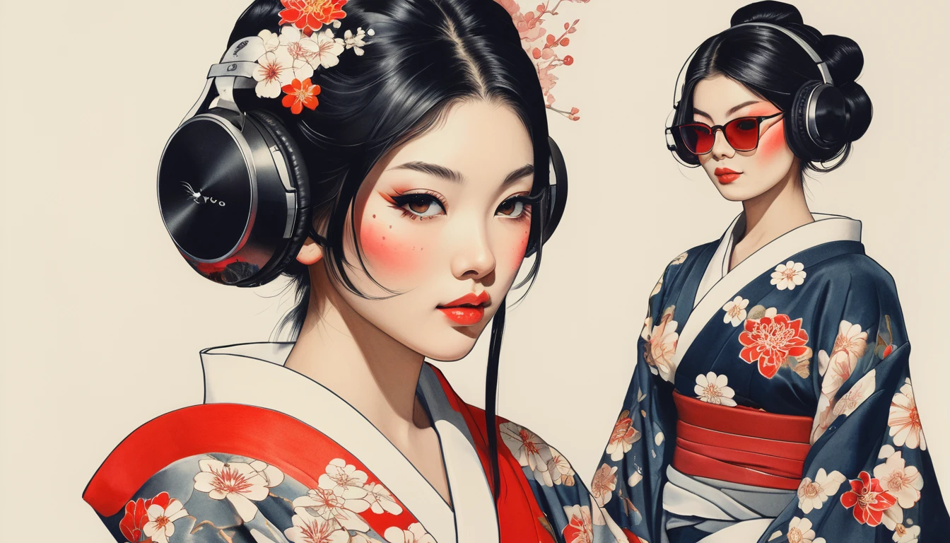 Ink Painting, (((1 girl))), (((Tattoo on face))), (((sunglasses))), (((Gorgeous kimono))), Japanese style headphones, Japanese sword, beautiful girl, Black Hair, Delicate and precise, Modern ukiyo-e style, Maid