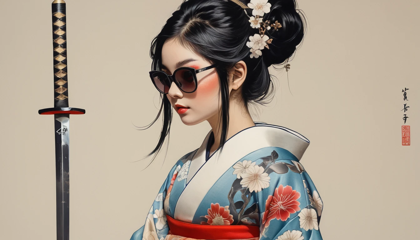 Ink Painting, (((1 girl))), (((Tattoo on face))), (((sunglasses))), (((Gorgeous kimono))), Japanese style headphones, Japanese sword, beautiful girl, Black Hair, Delicate and precise, Modern ukiyo-e style, Maid