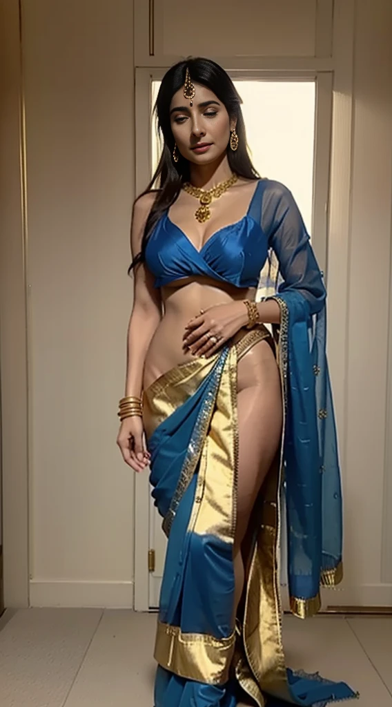 anusha in a blue sari and gold jewellery, wearing gold jewellery, wearing elegant jewellery, indian style, adorned with precious stones, indian goddess, intricate set, traditional beauty, photo of a hand jewellery model, blue jewellery, wearing jewellery, gold jewellery, golden jewellery, beautiful goddess, indian super model, heavy gold jewellery, intricate jewellery, ethereal beauty, stunning elegant pose