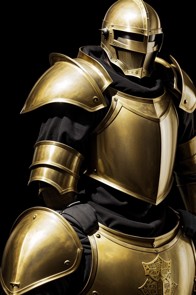 Medieval knight in golden plate armour, man, black hair, frontview, conceptart, dark background, beautiful face