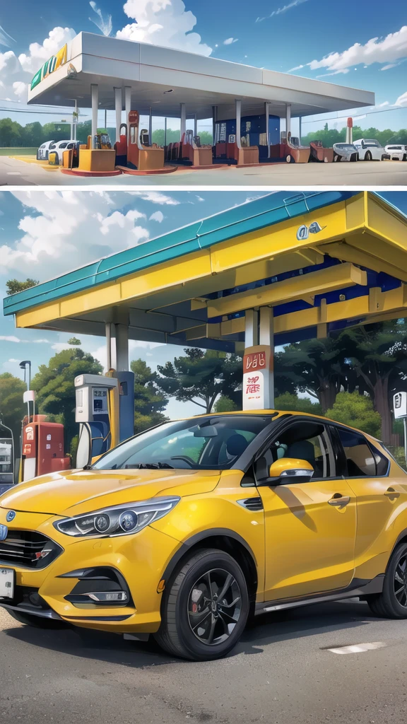 (gas station:1.5),road ,(รถวิ่งบนนroad:1.6) capital landscape:1.5 ,(Many cars:1.5)