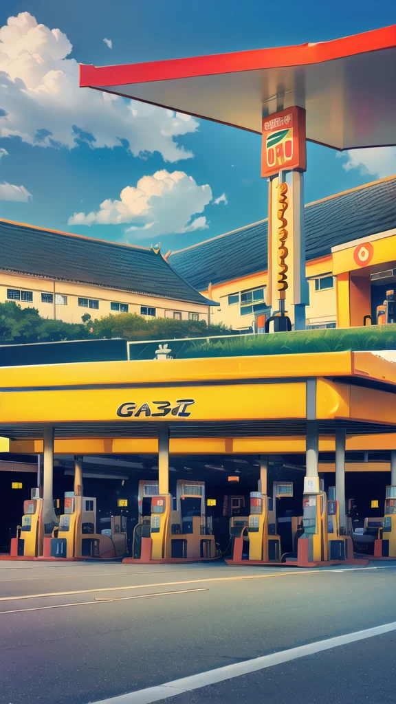 (gas station:1.5),road ,(รถวิ่งบนนroad:1.6) capital landscape:1.5 ,(Many cars:1.5)