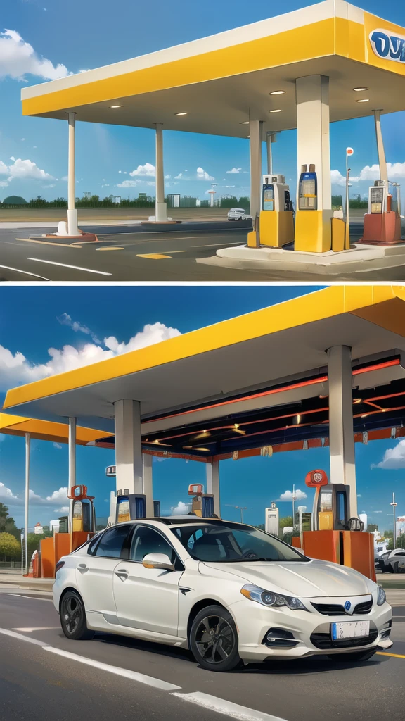 (gas station:1.5),road ,(รถวิ่งบนนroad:1.6) capital landscape:1.5 ,(Many cars:1.5)
