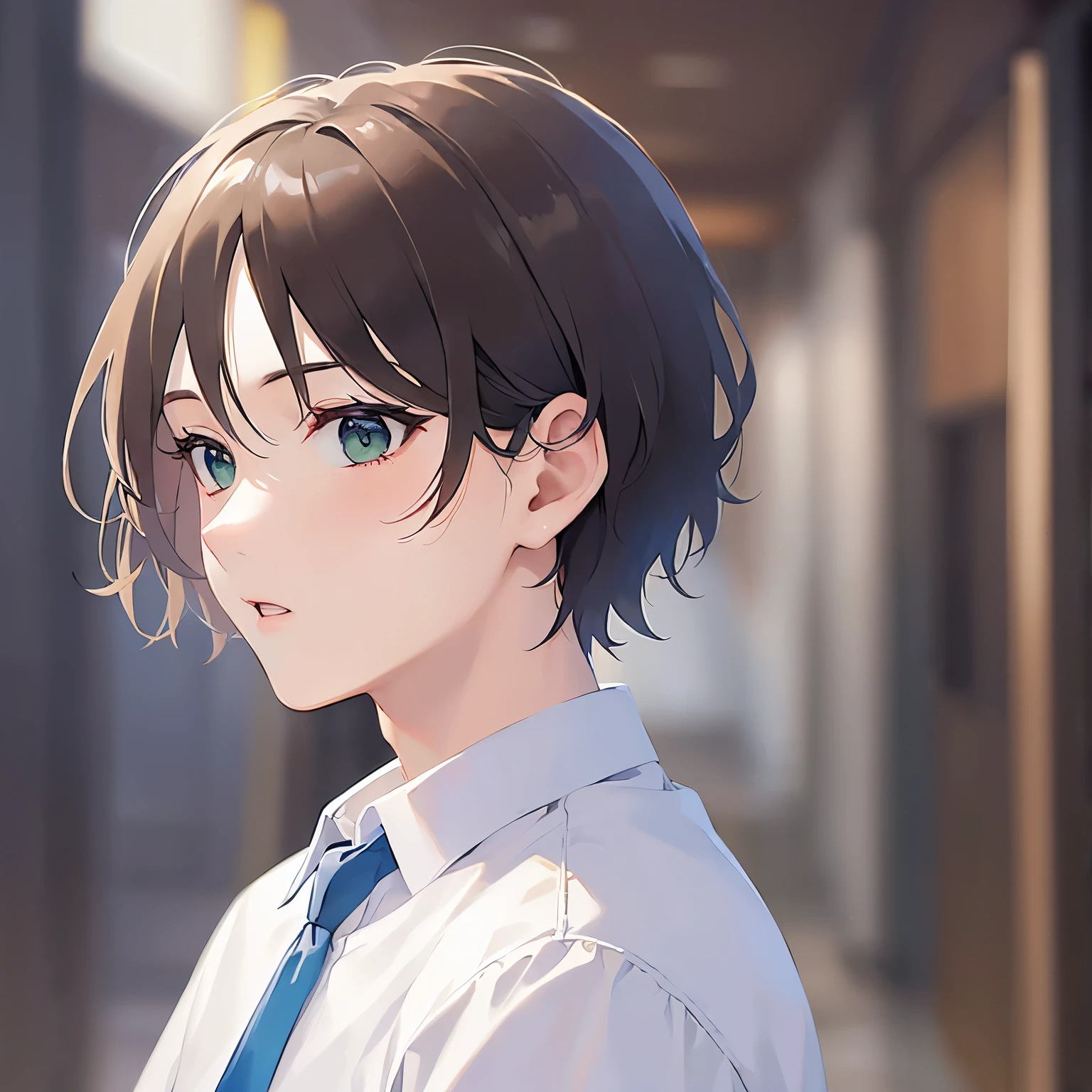  (looking away:1.5)、masterpiece、Highest quality、(25-year-old male:1.5) and (Brown short hair) and (Green Eyes), (Wearing a white shirt:1.3) and (Blue tie)、
surprised、The background is the office lobby.、(Alone:1.5),open mouth