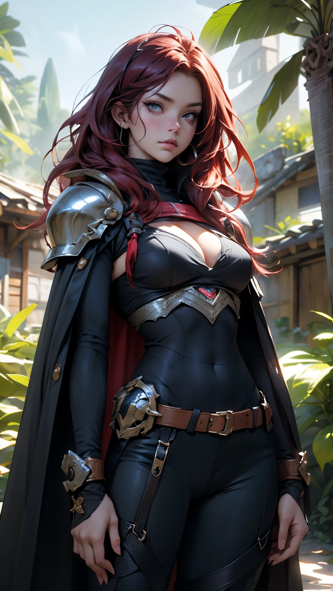 Female warrior, long red hair, holding a big sword, wearing armor suit, open chest, wearing a cape from wolf fur, red eyes, Athletic Well Toned Body, cleavage, Barely Clothed, on top of a jungle desert shrine, Beautiful D&D Character Portrait, Beautiful Face, Ominous, Dark Fantasy, Fiverr Dnd Character, Octane Render, Digital Art, Extreme Detail, 4k, Ultra Hd, Polished, Beautiful, Hyperdetailed, Intricate, Elaborate, Meticulous, Photorealistic, Sharp Focus, Wlop, Character Design, Unreal Engine, 3d Rendered, Volumetric Lighting, Reflections, Glossy, Digital Illustration, Pose, Suggestive Pose, Full Body Shot, naked, visible niples, puffy, soul like game vibe
