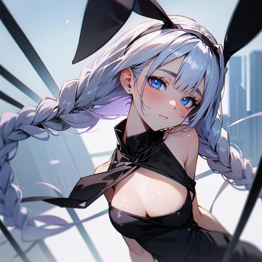 Silver hair braids, bunny ears headband, sexy black dress, cat, blue eyes, girl