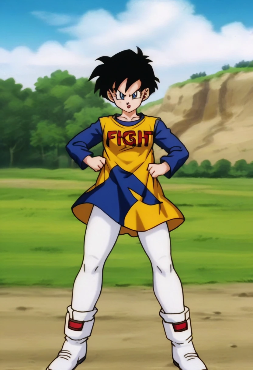 source_anime, score_9, score_8_up, score_7_up, anime screencap,8k, absurd res,
videl, 1girl, solo, looking at viewer, short hair, blue eyes, shirt, black hair, long sleeves, boots, outdoors, sky, day, cloud, blue sky, clothes writing, yellow dress, white footwear, text print, spiked hair, v-shaped eyebrows, from below, dress over shirt, clenched hands, blue shirt, White tights, print dress, midair, floating,