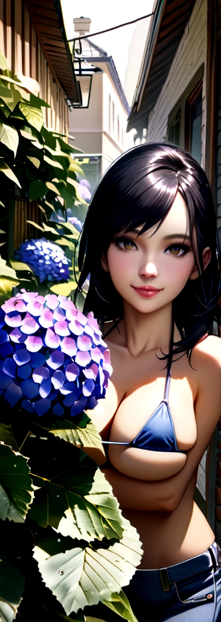 Top-quality Realistic,Official art,Highly detailed CG Unity 8k wallpaper,ultra-detailliert,hight resolution,Physically-based rendering,Magnificat,finely detail,masterpiece,Best Quality,ultra detailed,Mature beauty,Beautiful women,1girl,moist lips,sexy lips,Sexy smile,Gentle smile, 20 years old, Beautiful bare skin,Smooth bare skin, big well-shaped breasts,beautiful Mature body,swept bangs,(Medium hair:1.3), beautiful detailed eyes,model shoot style,Japanese Idol,Full-body,((Hydrangea blooming on the slope behind the alley )),BREAK,(Linen Micro mini bikini:1.3),Sitting model pose,Delicately expressed eyes,cute smile,shoot from below,(sitting on a chair on the cafe terrace), (Cafe terrace surrounded by lots of hydrangeas),A lot of hydrangea are blooming,model pose,((Extreme close-up)),