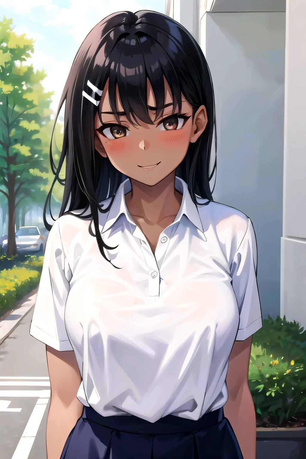 ((best quality)), ((masterpiece)), (details), one girl, sexy ((best quality)), ((masterpiece)), (details), one girl, sexy ((best quality)), ((masterpiece)), (details), one girl, full body,it's_nagatoro_main, Nagatoro Hayase, one girl, blushing, one person, uniform white polo shirt, black hair, brown eyes, hair accessory, looking at viewer, hair clip, smiling, long hair, dark skinned woman, dark skin, , bangs, daytime, skirt, collared shirt, collarbone, ear clip, mouth closed, tree, asymmetrical bangs, upper body