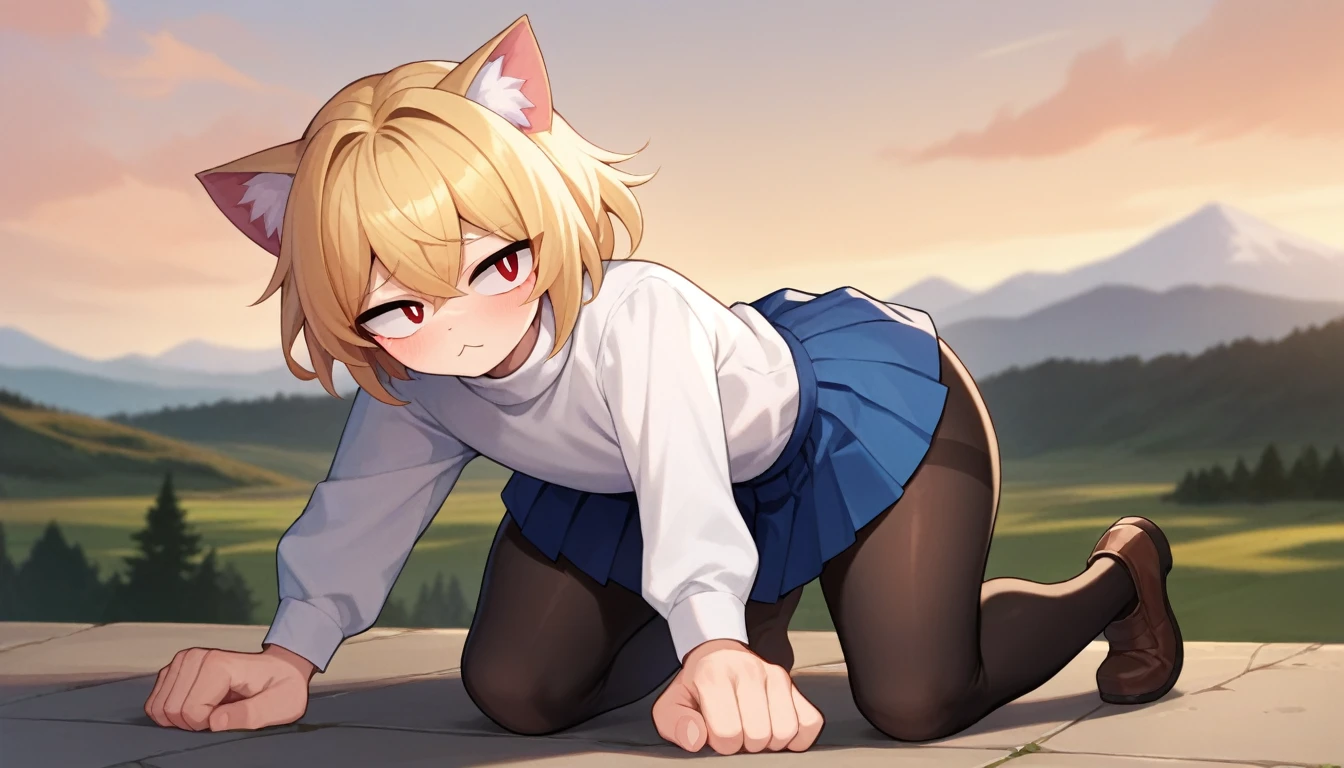 score_9, score_8_up, score_7_up, score_6_up, score_5_up, score_4_up, BREAK, 1boy, solo, necoarc, lit pupils, cat ears, blonde hair, red eyes, :3, turtleneck, blue skirt, pleated skirt, pantyhose, brown footwear, femboy, highlight thighs, landscape, thick thighs, doggy pose, NSFW, male penetrated