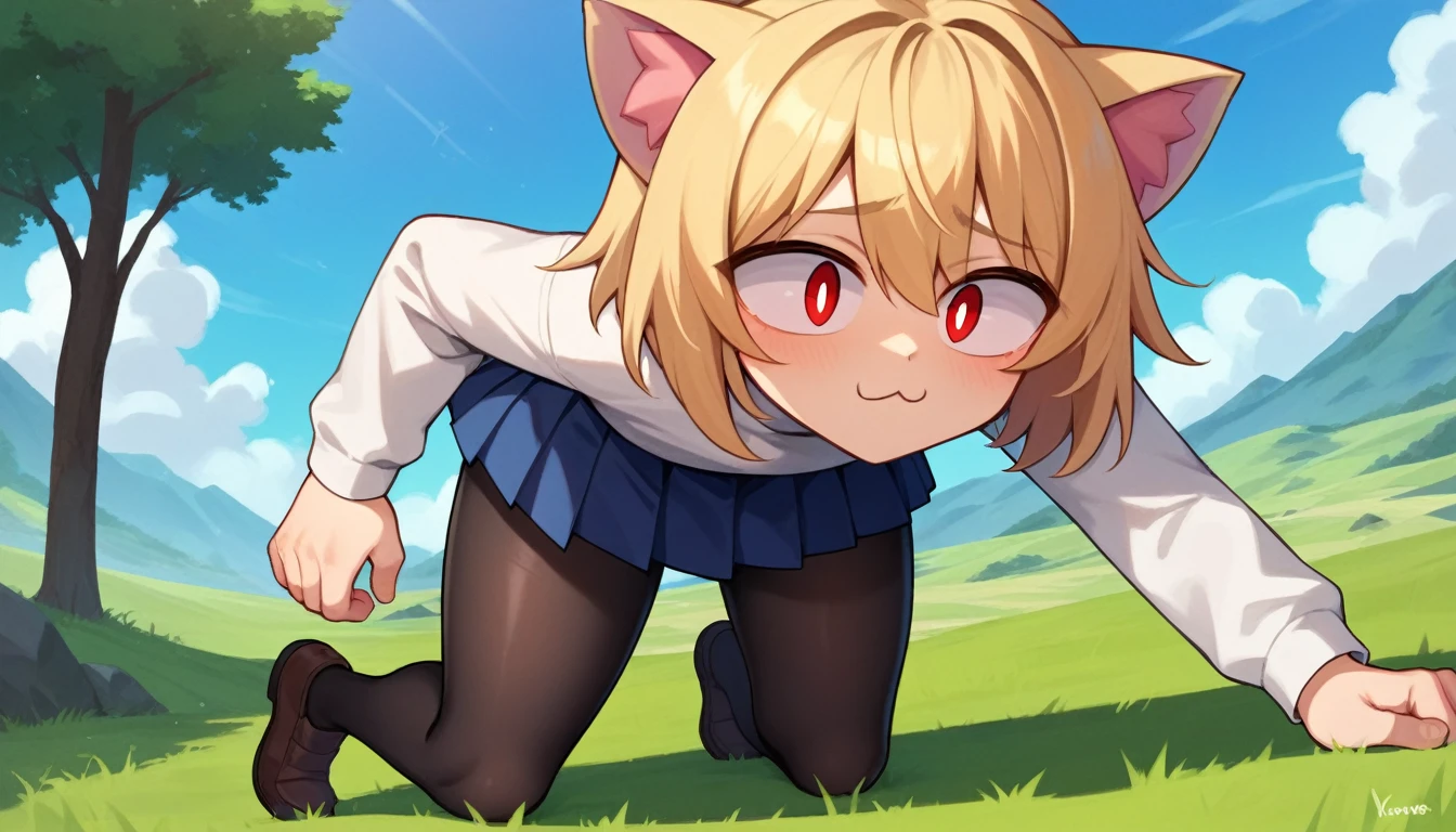 score_9, score_8_up, score_7_up, score_6_up, score_5_up, score_4_up, BREAK, 1boy, solo, necoarc, lit pupils, cat ears, blonde hair, red eyes, :3, turtleneck, blue skirt, pleated skirt, pantyhose, brown footwear, femboy, highlight thighs, landscape, thick thighs, doggy pose, NSFW, male penetrated