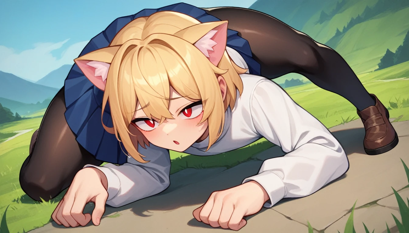 score_9, score_8_up, score_7_up, score_6_up, score_5_up, score_4_up, BREAK, 1boy, solo, necoarc, lit pupils, cat ears, blonde hair, red eyes, :3, turtleneck, blue skirt, pleated skirt, pantyhose, brown footwear, femboy, highlight thighs, landscape, thick thighs, doggy pose, NSFW, male penetrated