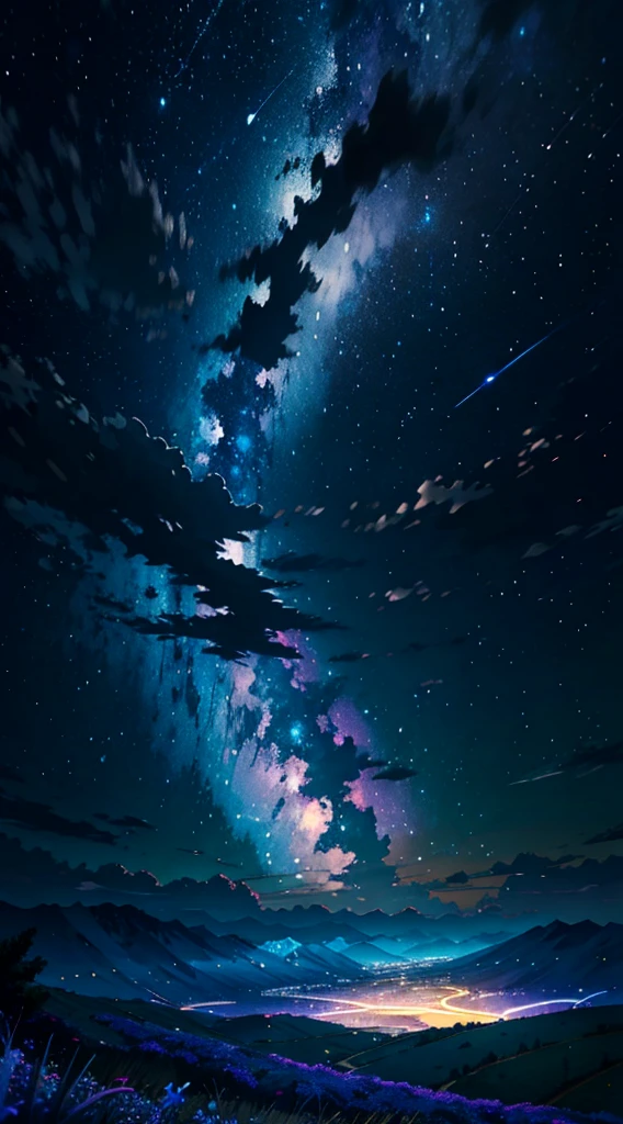 Vast landscape photos、（View from below with a view of the sky and the wilderness below）、grass field、（fullmoon：1.2）、（shooting stars：0.9）、（nebulas：1.3）、mountain in the distance、Tree Break Production Art、(Cool light source:1.2)、Purple and blue、intricate detailes、Volume Lighting BREAK (​masterpiece:1.2)、(top-quality)、4K、ultra-detailliert、（The composition of the movement：1.4）、ighly detailed、（Glowing lighting、Atmospheric illumination）、dream-like、Magical、No people、the blue moon、Person Small