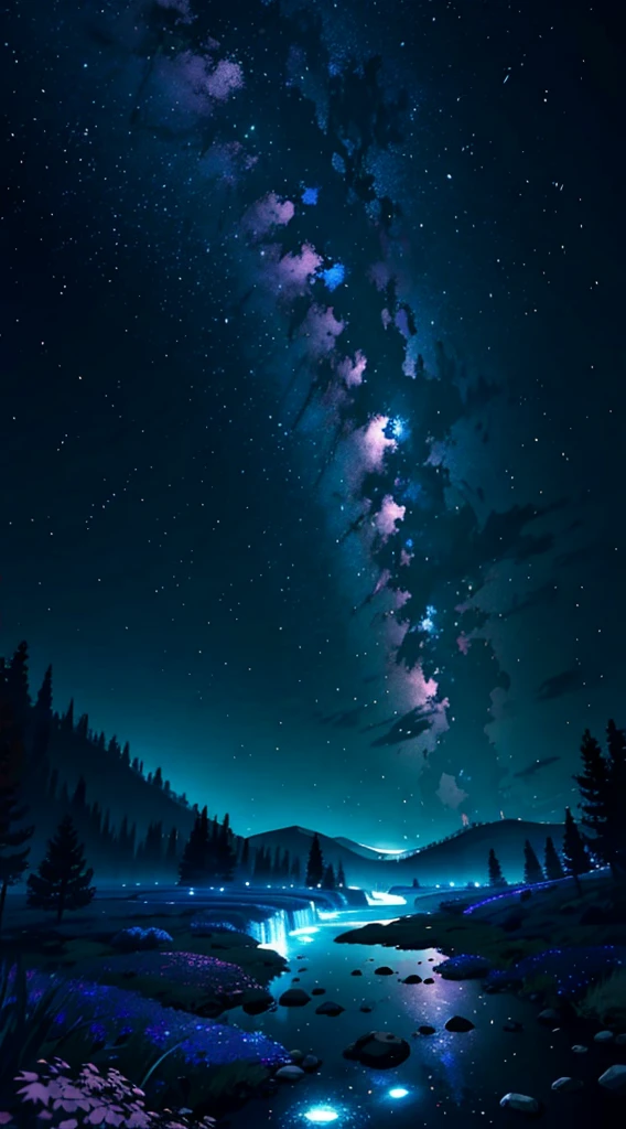 Vast landscape photos、(View from below with a view of the sky and the wilderness below)、grass field、(fullmoon:1.2)、(shooting stars:0.9)、(nebulas:1.3)、mountain in the distance、Tree Break Production Art、(Cool light source:1.2)、Purple and blue、intricate detailes、Volume Lighting BREAK (masterpiece:1.2)、(top-quality)、4K、ultra-detailliert、(The composition of the movement:1.4)、ighly detailed、(Glowing lighting、Atmospheric illumination)、dream-like、Magical、No people、the blue moon、Person Small