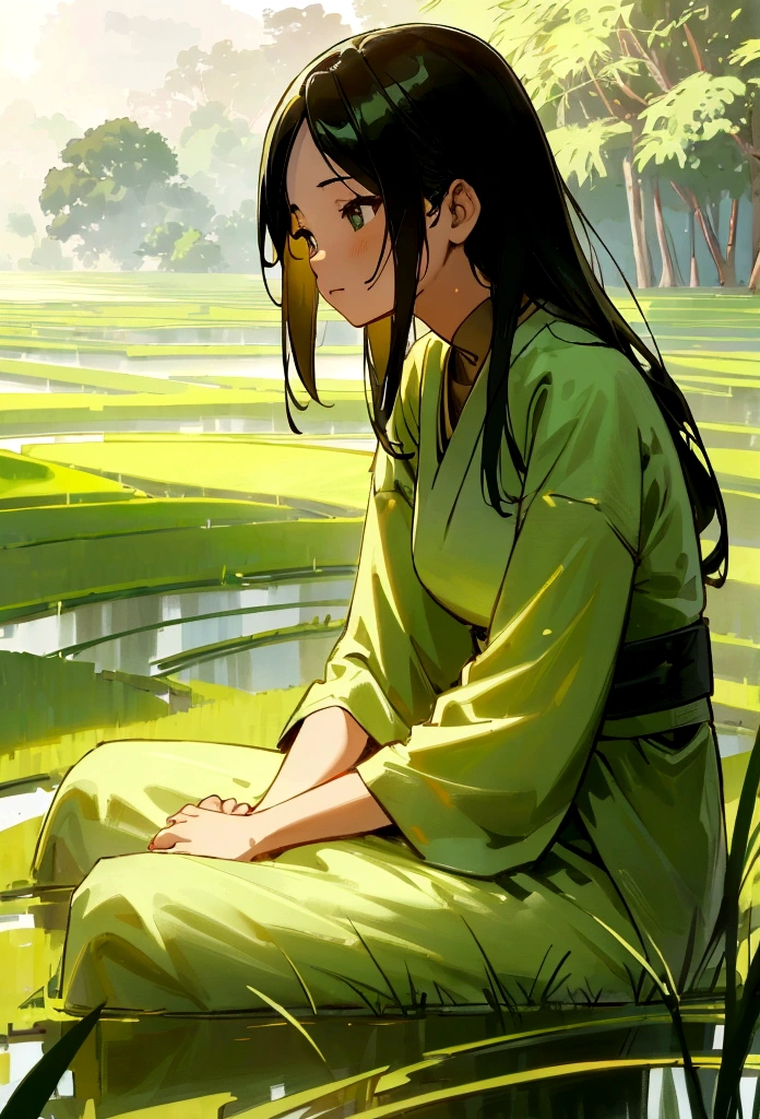 A woman sitting calmly in a rice field, detailed face, serene expression, photorealistic, 8k, highly detailed, lush green rice paddy, golden sunlight, dramatic lighting, cinematic composition, digital art