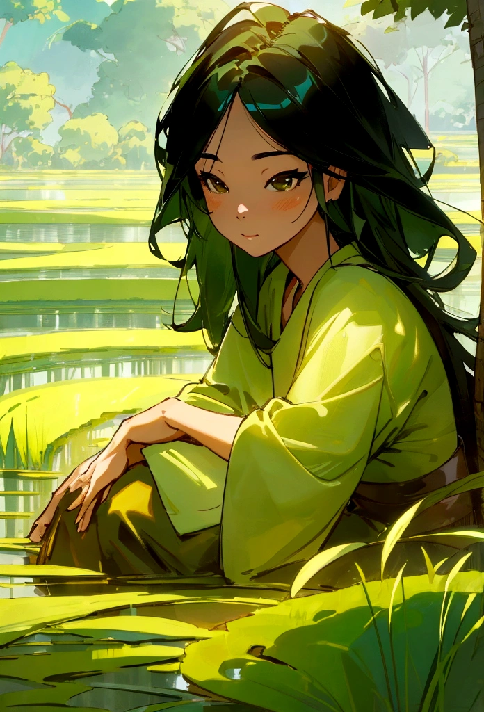 A woman sitting calmly in a rice field, detailed face, serene expression, photorealistic, 8k, highly detailed, lush green rice paddy, golden sunlight, dramatic lighting, cinematic composition, digital art
