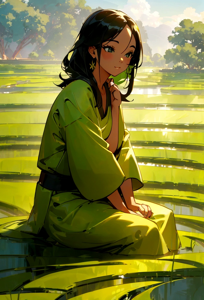 A woman sitting calmly in a rice field, detailed face, serene expression, photorealistic, 8k, highly detailed, lush green rice paddy, golden sunlight, dramatic lighting, cinematic composition, digital art