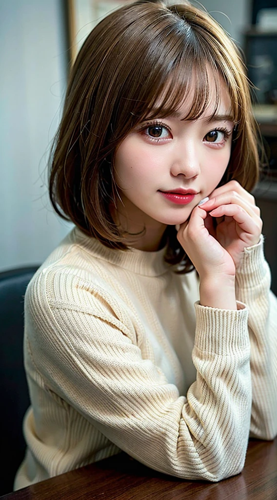 (8K, raw photo:1.2), detailed face and eyes,best quality, Super high resolution, very detailed ,intricate details ,table top ,a cute girl , soft cinematic light, hyper detailing,sharp focus, high quality, blonde hair, bob cut