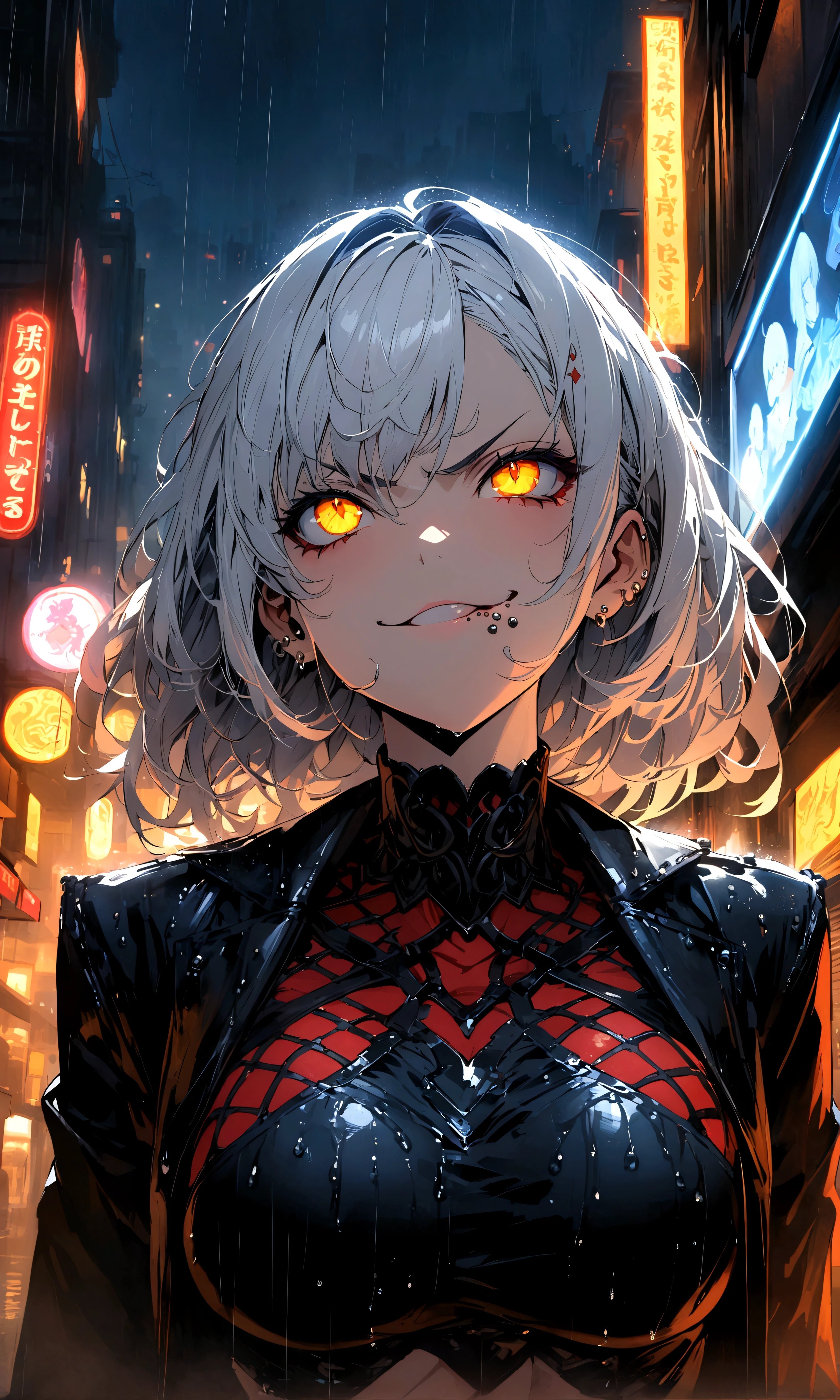 anime women, dark outfit with red and blue details, white hair, (golden dragon eyes) standing in a rain soaked, city street at night, cinematic lighting (best quality:1.2)detailed, neon lights, vivid colors,bokeh, angry looking face with smirk on mouth, piercing, ABS, (looking up), ((face piercing)), gaze, 4k, particles in the air, powers, amazing art work full of details
