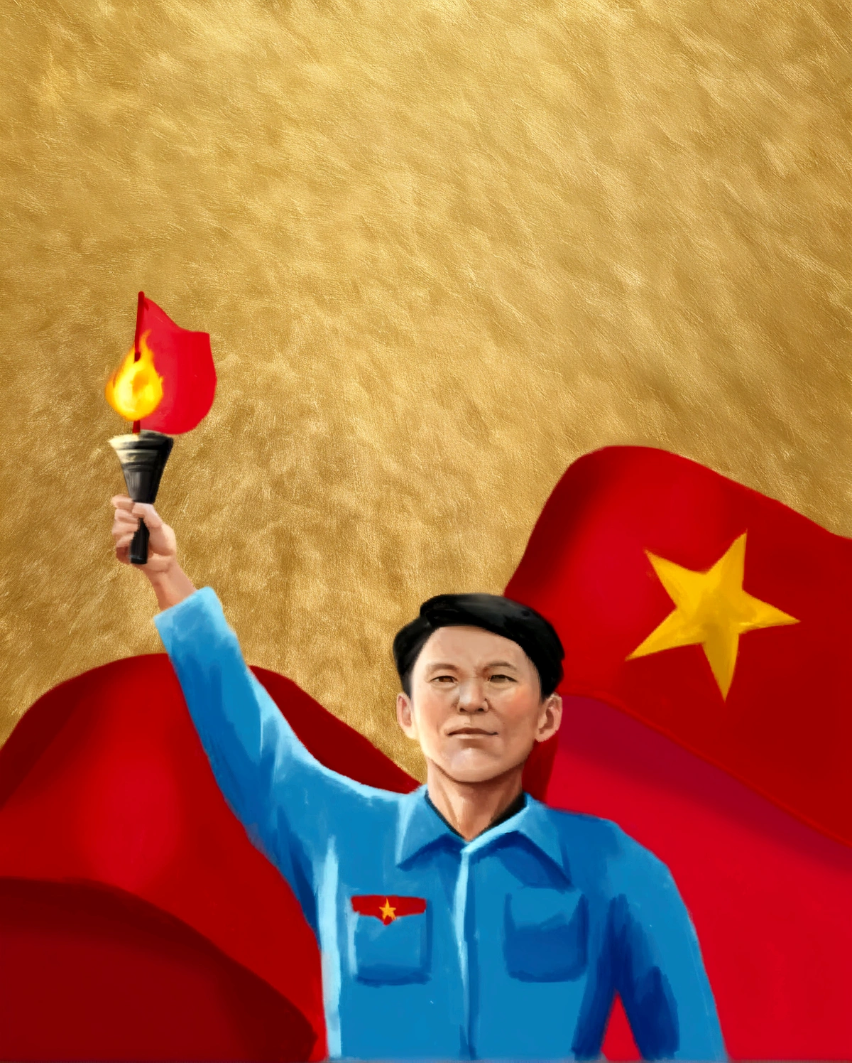 arafed image of a man holding a torch in front of a flag, chairman mao, inspired by Sheng Mao, do hoang tuong artwork, vietnam, inspired by Ding Yunpeng, mao zedong, fanart, mao, inspired by Huang Guangjian, inspired by Pan Tianshou, inspired by Yang Buzhi, inspired by Dong Yuan