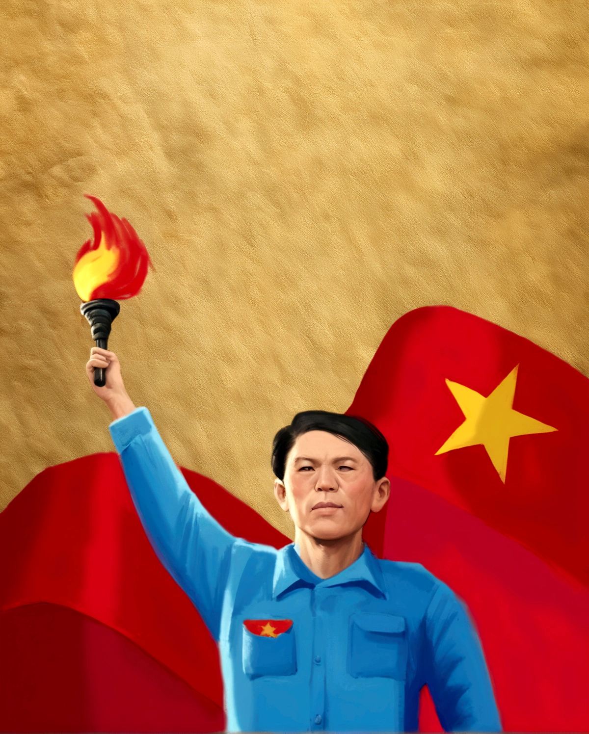 arafed image of a man holding a torch in front of a flag, chairman mao, inspired by Sheng Mao, do hoang tuong artwork, vietnam, inspired by Ding Yunpeng, mao zedong, fanart, mao, inspired by Huang Guangjian, inspired by Pan Tianshou, inspired by Yang Buzhi, inspired by Dong Yuan