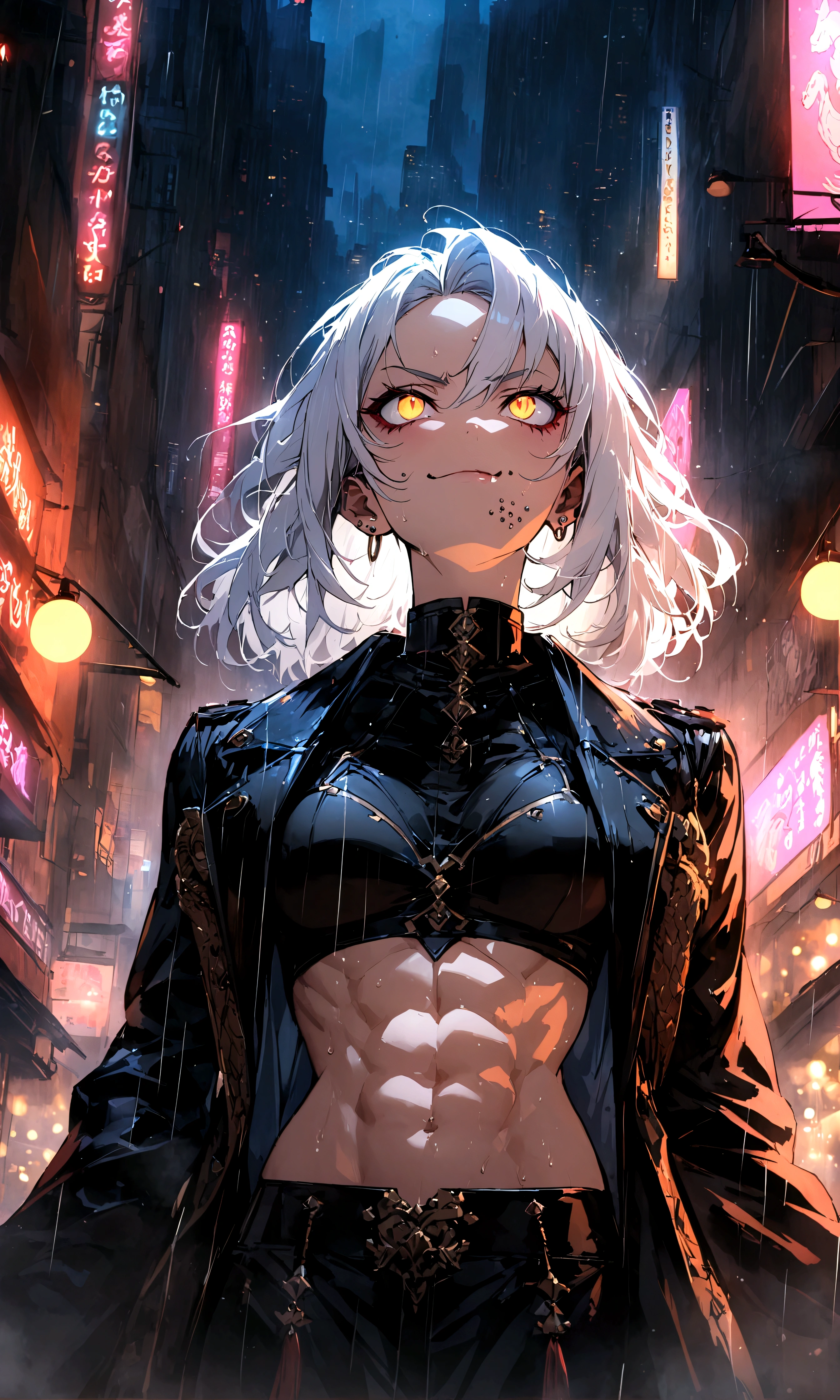 Anime character with white hair and yellow eyes in a city - SeaArt AI