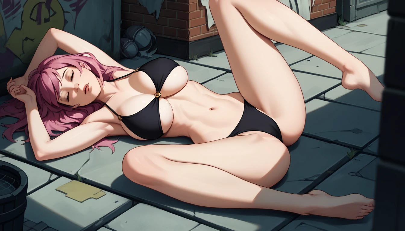 Masterpiece , best quality , Masterpiece , best quality , 1 woman , Close your eyes. , Long pink hair, unconscious , black bikini , abdomen , big breasts , Long legs , Barefoot , Lie down on the floor. , Spread your legs , alley