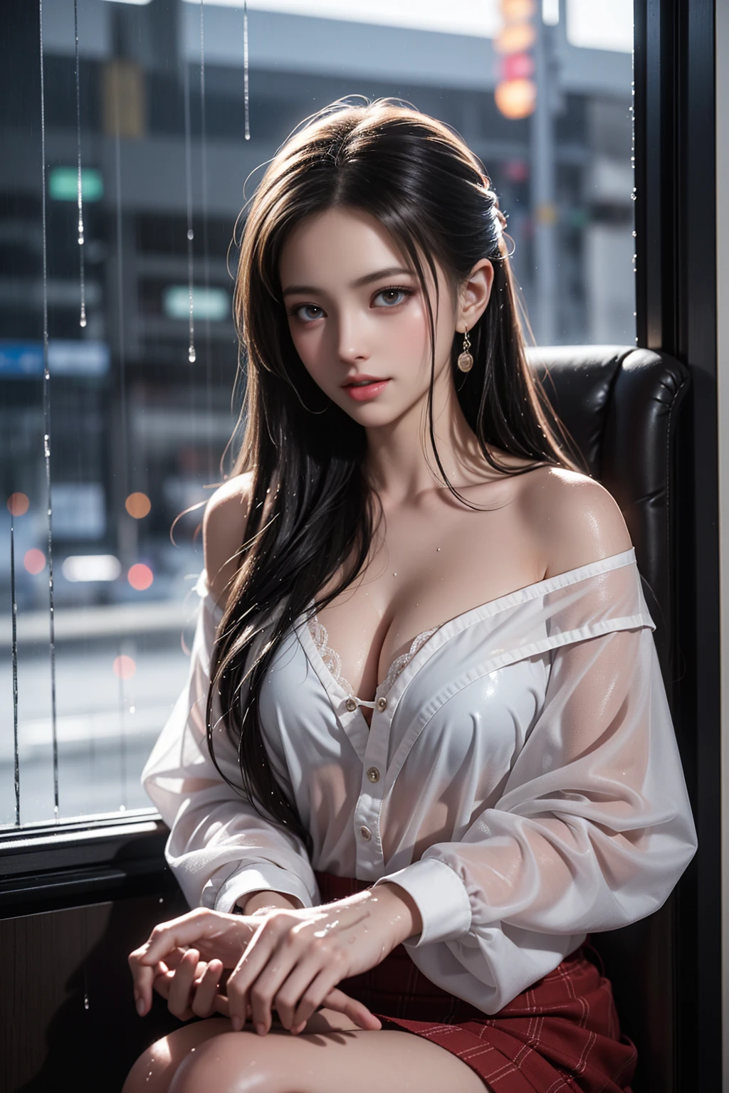 (RAW shooting, Photorealistic:1.5, 8K, Highest画質, masterpiece, Ultra-high resolution), Perfect dynamic composition:1.2, Night Street Corner, Looking up at the sky:1.3, (((Heavy rain from a typhoon))), Highly detailed skin and face textures:1.2, 雨にWetスリムな女子高生:1.3, Sexy beauty, Perfect Style:1.2, Aesthetic and beautiful, Fair skin, Very beautiful face, (Rain dripping all over my body:1. 2, Wet髪:1.4, Wet:1.2), Water droplets on the skin, (Medium chest, Chest gap), (Shy laugh, The expression when feeling intense caressing, Facial expression when feeling pleasure), (Beautiful blue eyes, Beautiful erotic eyes:0.8), (Too erotic:0.9, Alluring:0.9), Cowgirl shot, Student Bag, Perfect body, Perfect fingertips(Girl sitting on train seat)、Best quality work,Actual work,Ultra Premium Graphics,8K HD CG works,High quality graphics,High-definition CG works,10x pixels,Extremely fine detail:1.1,Advanced Technical Details:1.1 Photorealistic,Indoor lighting effects:1.5,Natural light:1.5. Light effects(virtual Light effects:1.8),(Golden white short hai(RAW shooting, Photorealistic:1.5, 8K, Highest