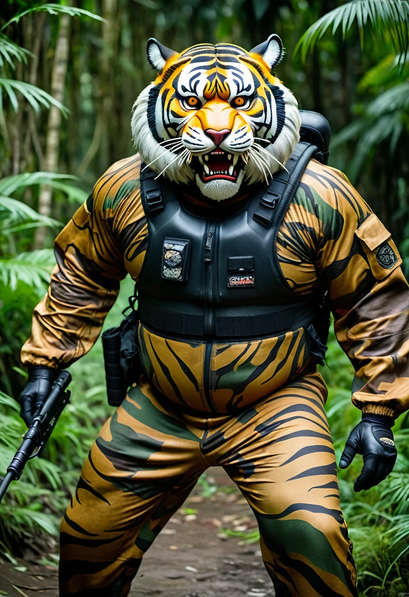 (a dark-skinned fat old man in a bulky camouflage zipper diver suit) (wearing realistic roaring siberian tiger mask that show the wearer eyes) carrying sniper rifle onn his back, patrolling with large machete, muscular, toned muscles, imposing strature, Basuki Abdullah, sumatraism, action, a character portrait, heroic, fierce, snarling, jungle