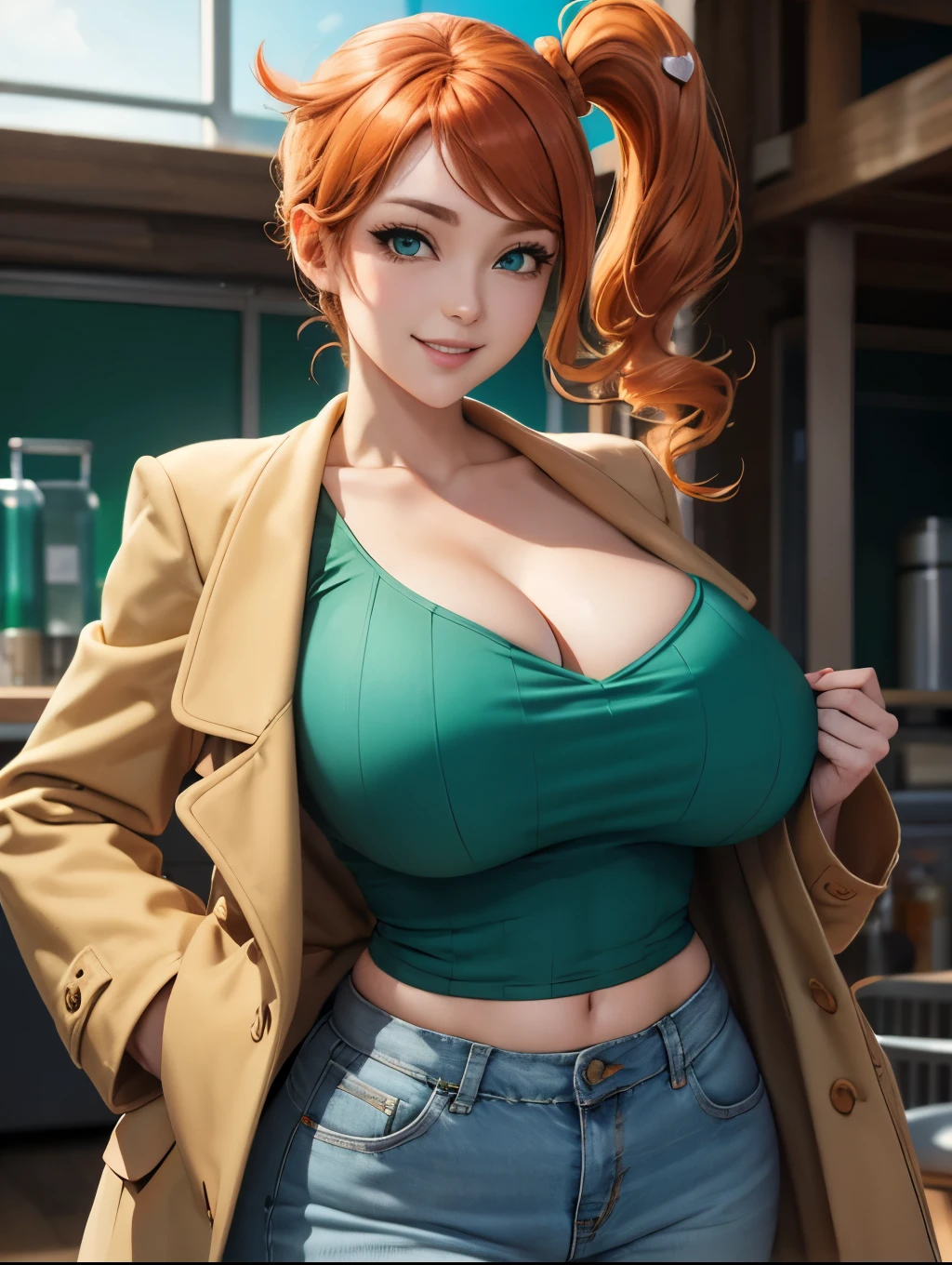 sonia, side ponytail, cowboy shot, 1girl, solo, collarbone, (green top), croptop, microtop, aqua eyes, orange hair, heart hair ornament, looking at viewer, smile, solo, long hair, brown coat, research lab, light smile, cleavage, jeans, huge breasts, skinny
