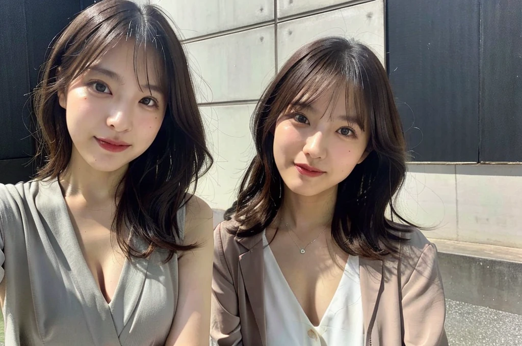 Poses that emphasize cleavage、Large Breasts、You can see the cleavage from the shirt、Black jacket over a white shirt、Japanese office lady clothes、Photographed in natural light、Highly detailed face and skin texture、Highly detailed lips、The correct state of the human body、Ultra-high resolution、(Photorealistic:1.4)、Highest quality, One beautiful woman, 30 years old, s, Selfie with mobile phone、Selfie style、Office Style Background,Concrete Background、Tile Background、(Dark brown long hair)、Black-haired、Long hair Japanese woman、(Dark brown hair)、Various poses、profile、Natural color lip、Spring Clothes、 necklace