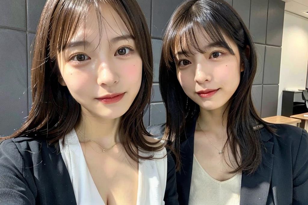 Poses that emphasize cleavage、Large Breasts、You can see the cleavage from the shirt、Black jacket over a white shirt、Japanese office lady clothes、Photographed in natural light、Highly detailed face and skin texture、Highly detailed lips、The correct state of the human body、Ultra-high resolution、(Photorealistic:1.4)、Highest quality, One beautiful woman, 30 years old, s, Selfie with mobile phone、Selfie style、Office Style Background,Concrete Background、Tile Background、(Dark brown long hair)、Black-haired、Long hair Japanese woman、(Dark brown hair)、Various poses、profile、Natural color lip、Spring Clothes、 necklace
