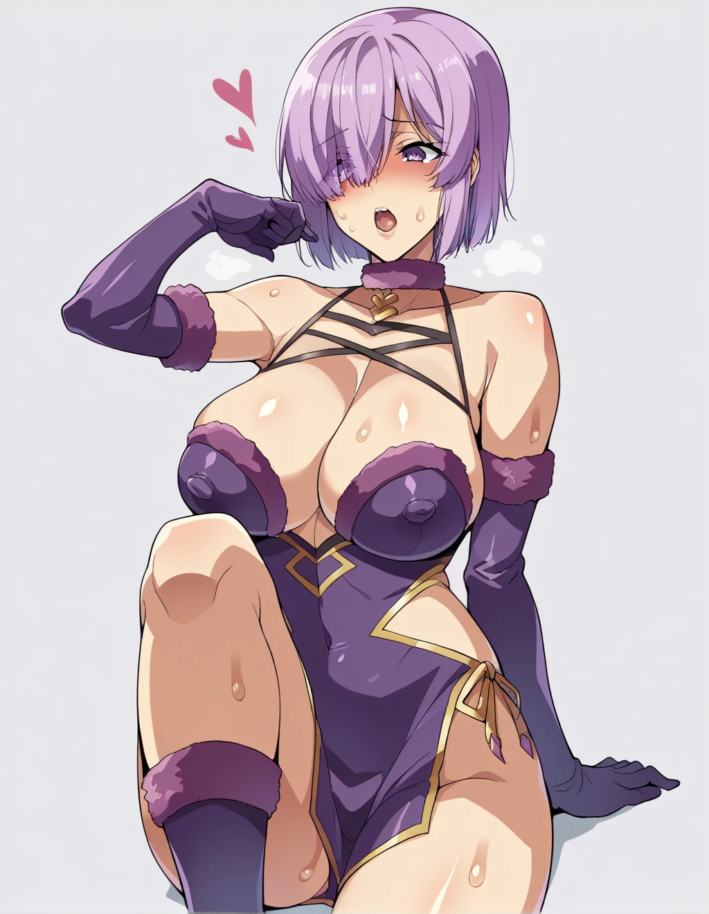 Wolf Ear、Ultra-detailed illustrations、Ultra-precise expression、masterpiece、Highest quality、ultra High resolution、High resolution、Hiromitsu Takeda Style、White background、Simple Background、One girl、solo、Mash Kyrielight、light purple hair,short hair,hair over one eyes、Purple eyes、Open your mouth、blush、Large Breasts、Big Breasts、Erect nipples、Choker of Hearts、White Breath、Sweat、Glowing Skin、shiny skin、Front angle、View your viewers、Raise one leg、(Elbow Gloves、Fur Trim グローブ、Fur Trim レッグウェア、Fur Collar、Fur Trim、O-ring、purple gloves、Purple Thigh High Socks、Purple heeled boots)、